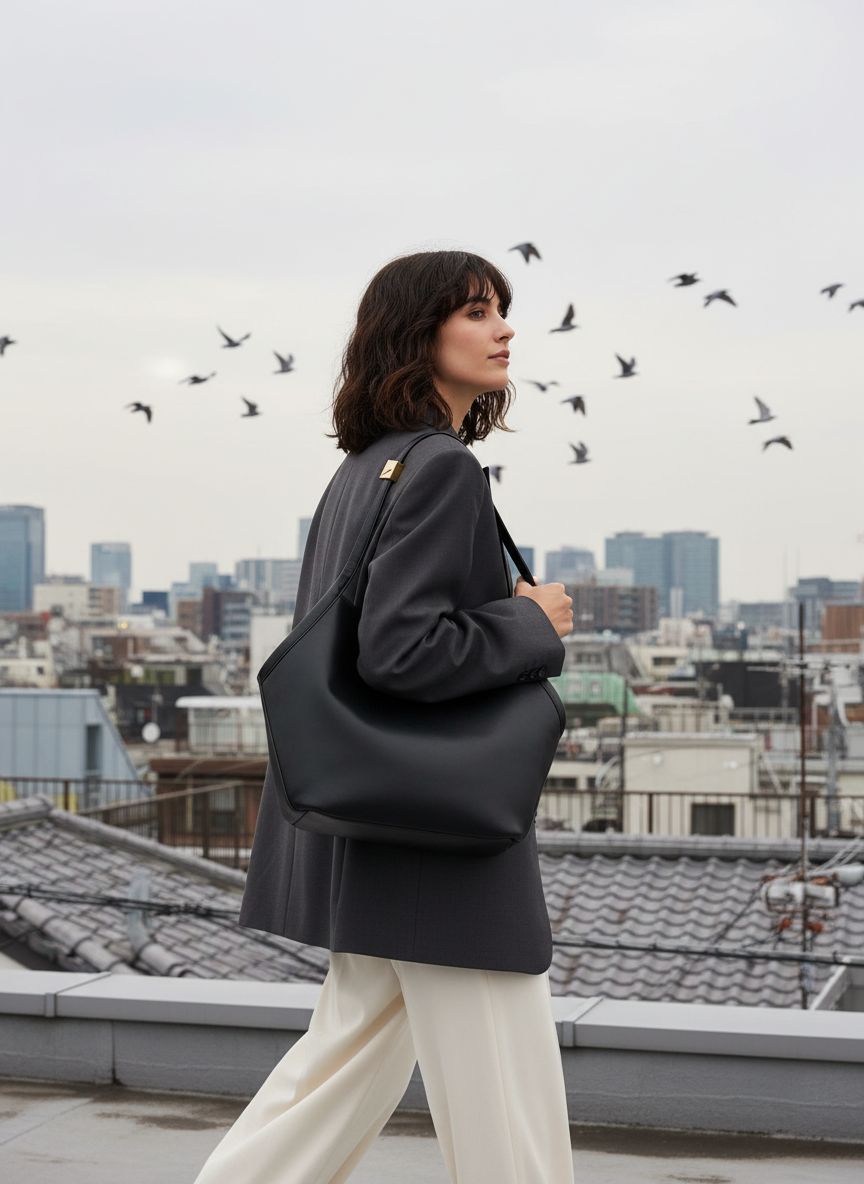 Fine grain leather tulip tote in neutral, front view with structured silhouette — view 2