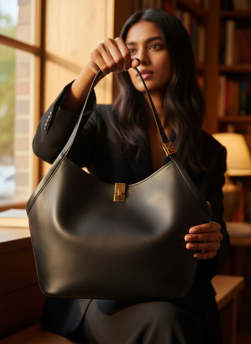 Fine grain leather tulip tote in neutral, front view with structured silhouette — view 3b