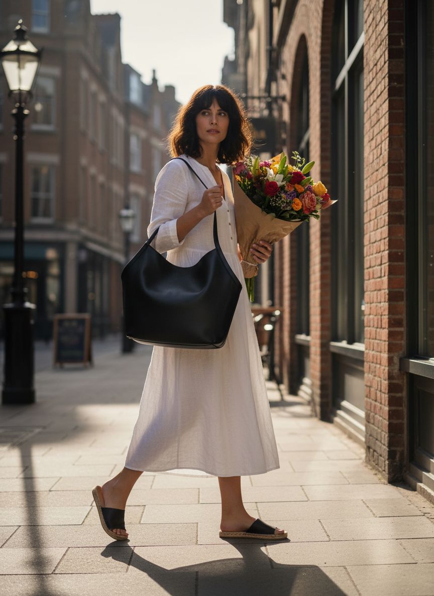 Fine grain leather tulip tote in neutral, front view with structured silhouette — view 4