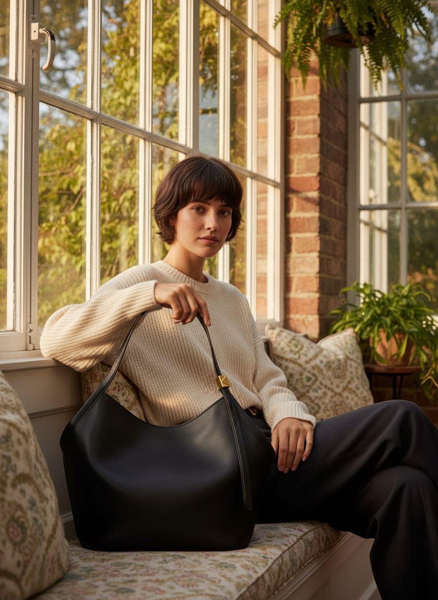 Fine grain leather tulip tote in neutral, front view with structured silhouette — view 5b