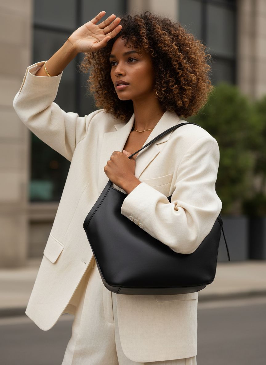 Fine grain leather tulip tote in neutral, front view with structured silhouette — view 7a