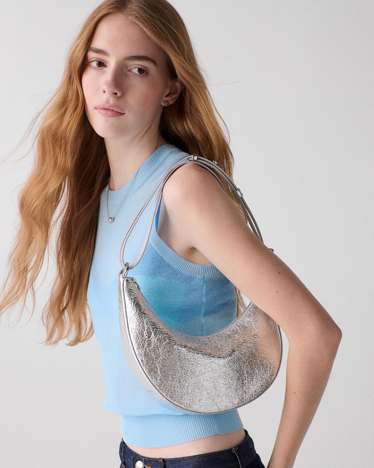 Leather duo crossbody bag in neutral color, front view — view 3