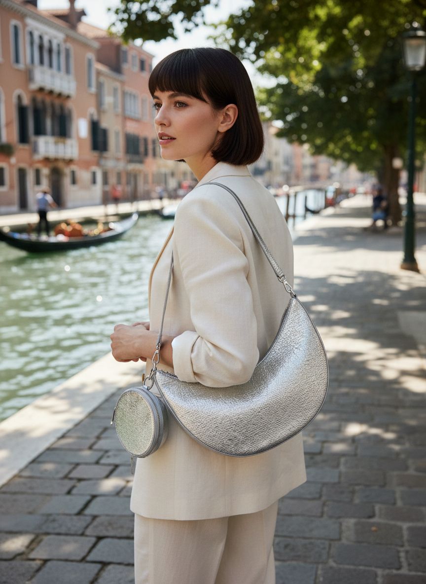 Leather duo crossbody bag in neutral color, front view — view 2