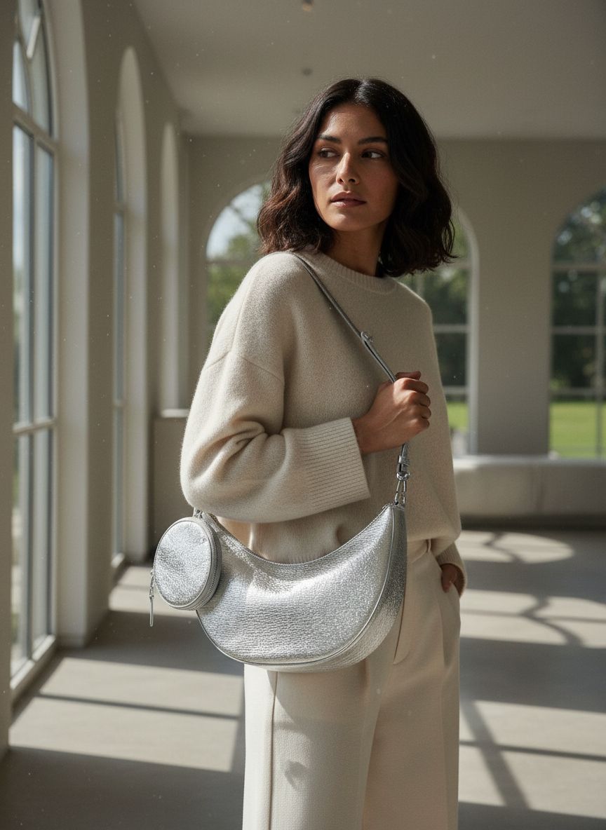 Leather duo crossbody bag in neutral color, front view — view 7a