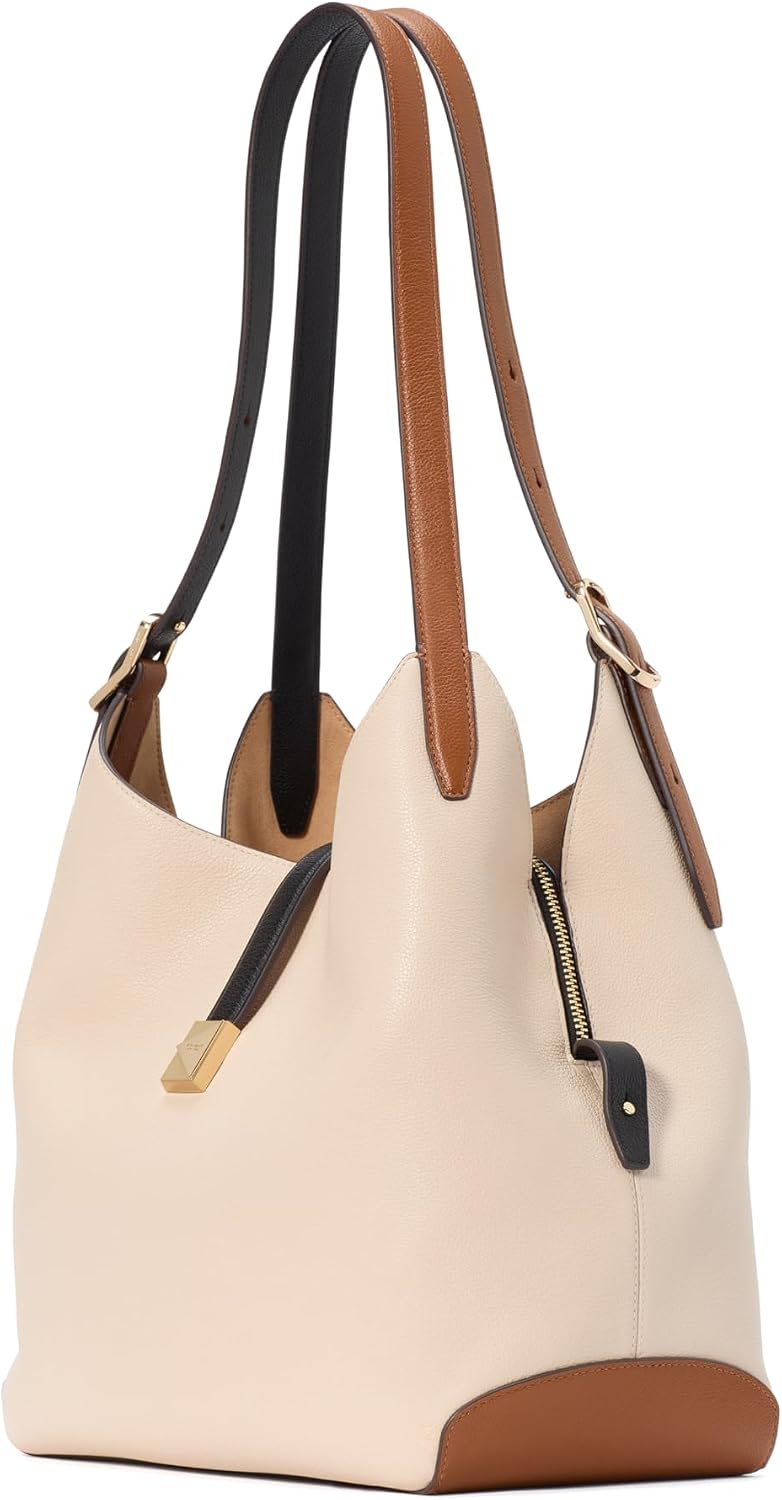 Pebbled leather large shoulder bag in neutral tone, front view — view 2