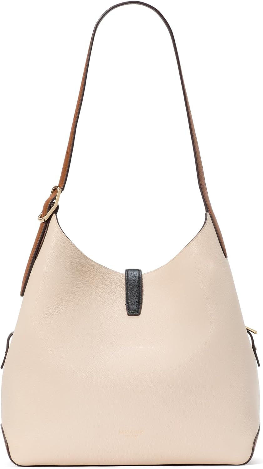 Pebbled leather large shoulder bag in neutral tone, front view — view 3