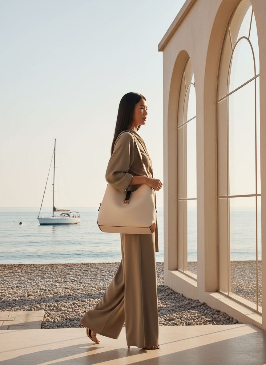 Pebbled leather large shoulder bag in neutral tone, front view — view 3a