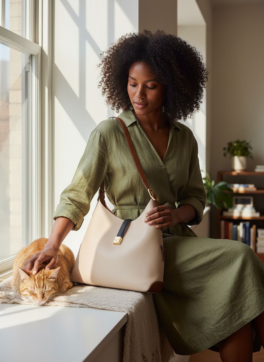 Pebbled leather large shoulder bag in neutral tone, front view — view 4