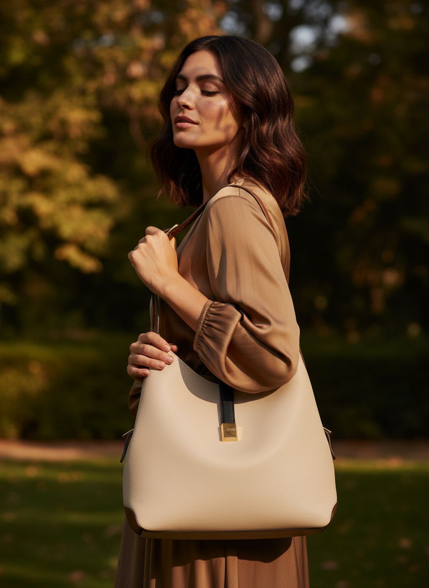 Pebbled leather large shoulder bag in neutral tone, front view — view 7a