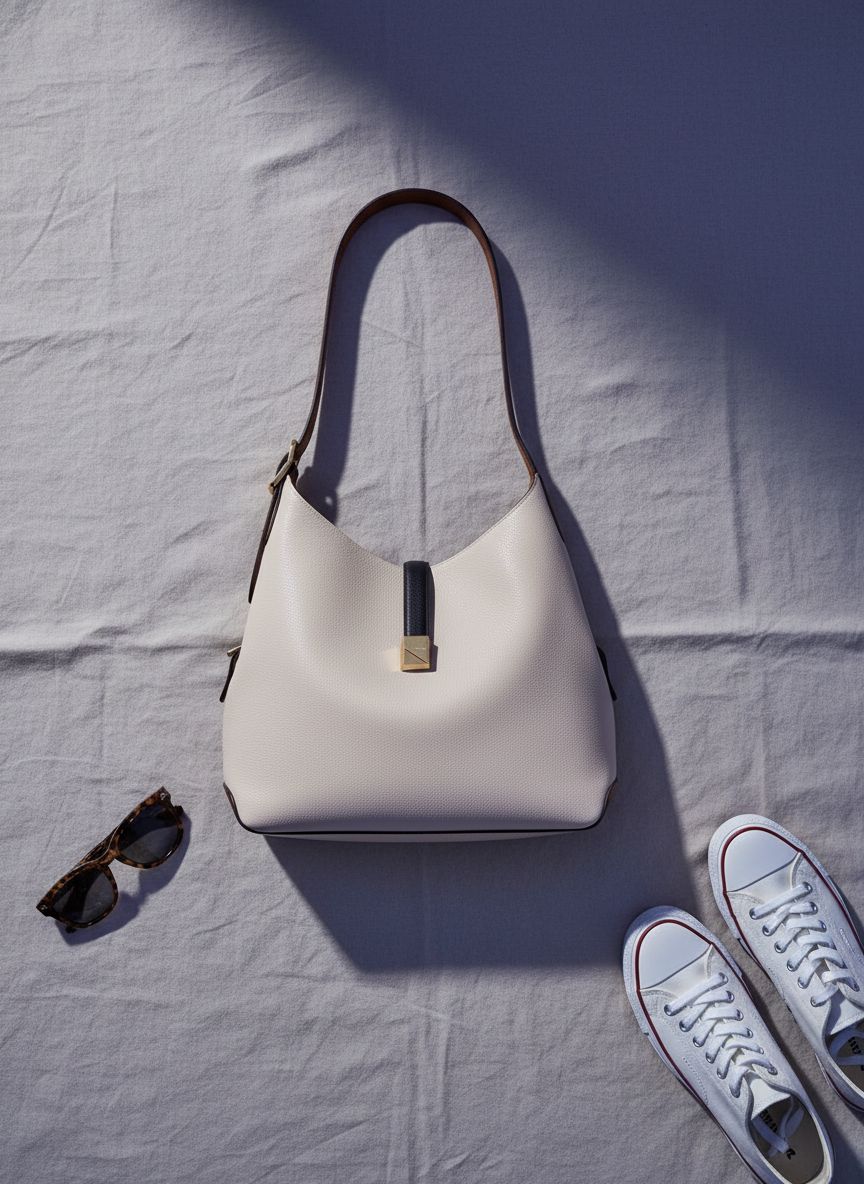 Pebbled leather large shoulder bag in neutral tone, front view — view 7b