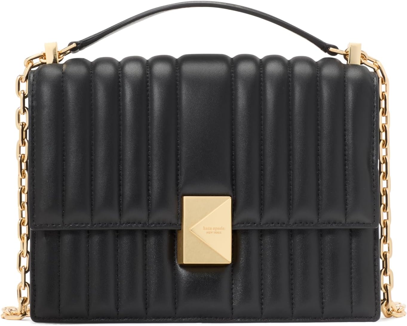 Leather chain crossbody bag in {color} with quilted flap detail and baguette shape — view 2