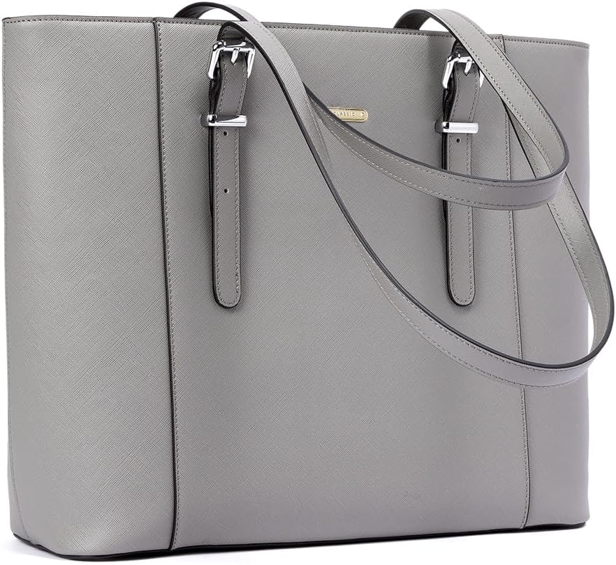 Vintage leather laptop tote bag in neutral tone with shoulder straps — view 1