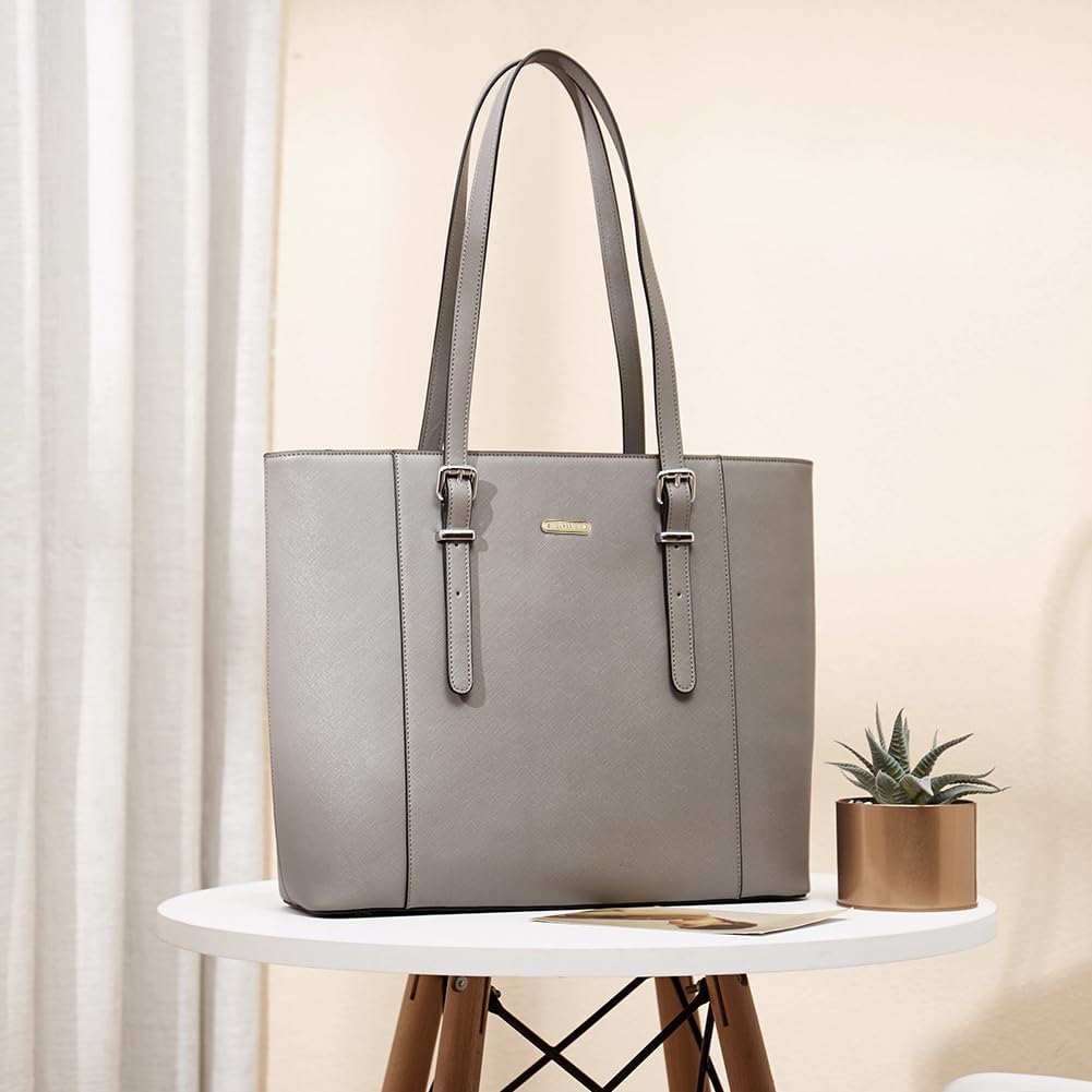 Vintage leather laptop tote bag in neutral tone with shoulder straps — view 2