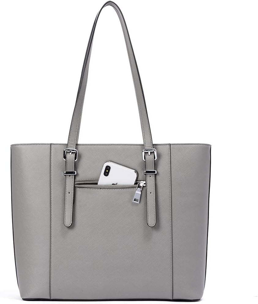 Vintage leather laptop tote bag in neutral tone with shoulder straps — view 3