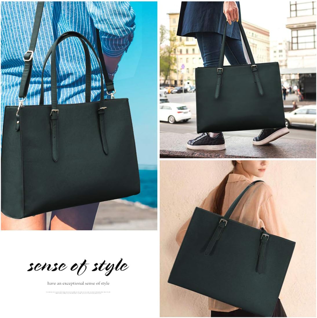 Large capacity PU leather shoulder bag in neutral tone, featuring 15.6 inch laptop compartment — view 5a