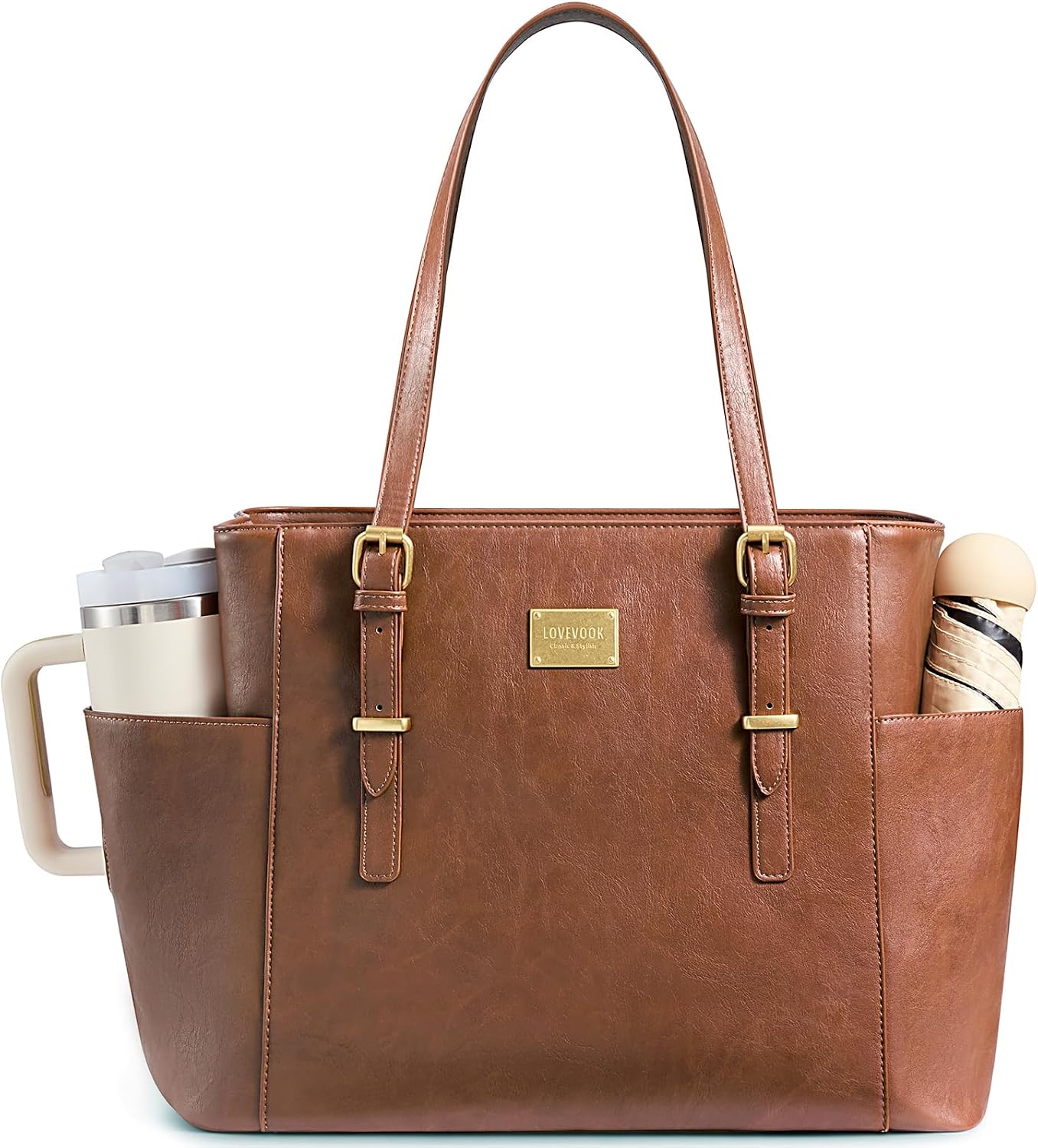 Vintage leather laptop tote bag in tan with water bottle pocket, front view — front