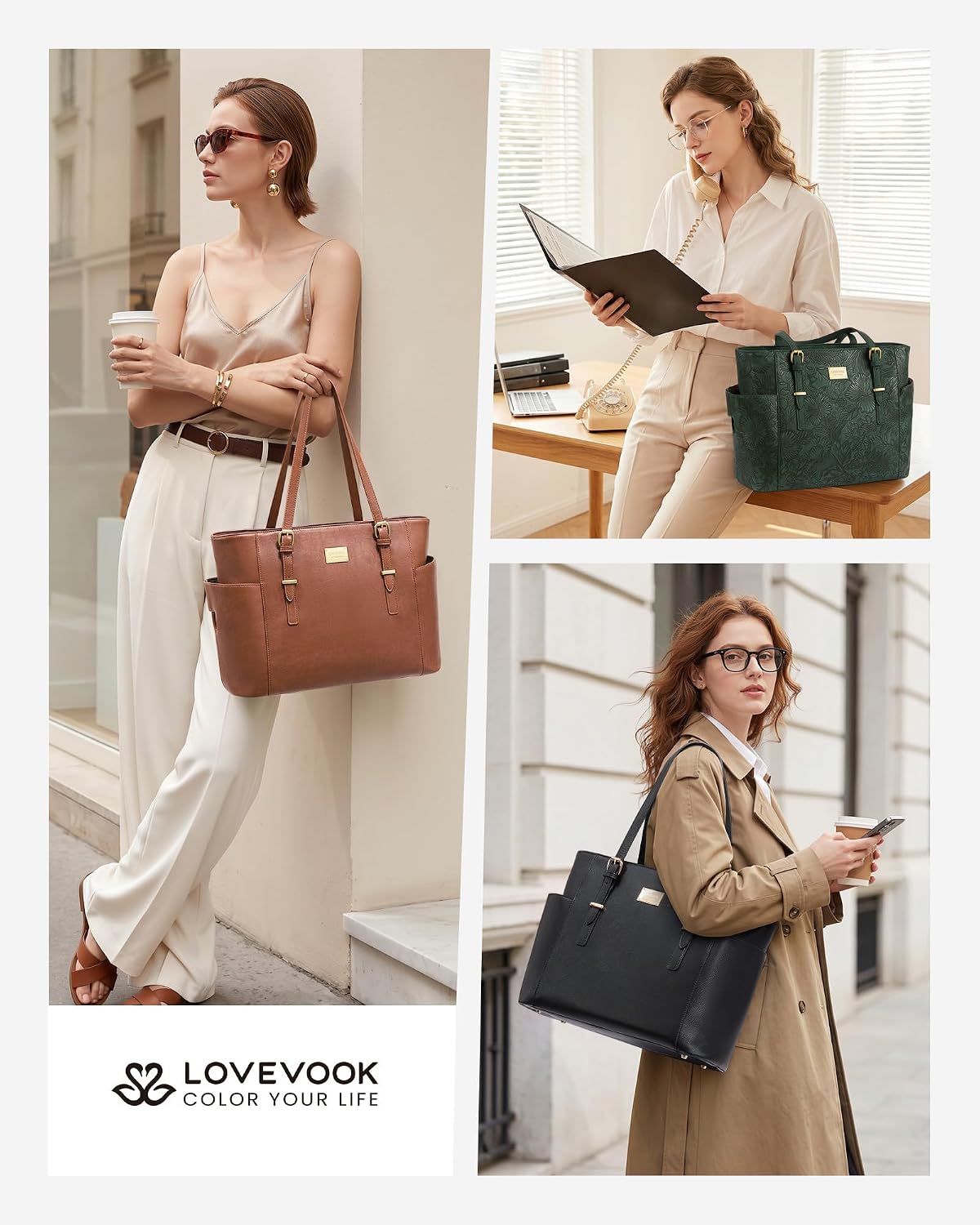 Vintage leather laptop tote bag in tan with water bottle pocket, front view — view 3a