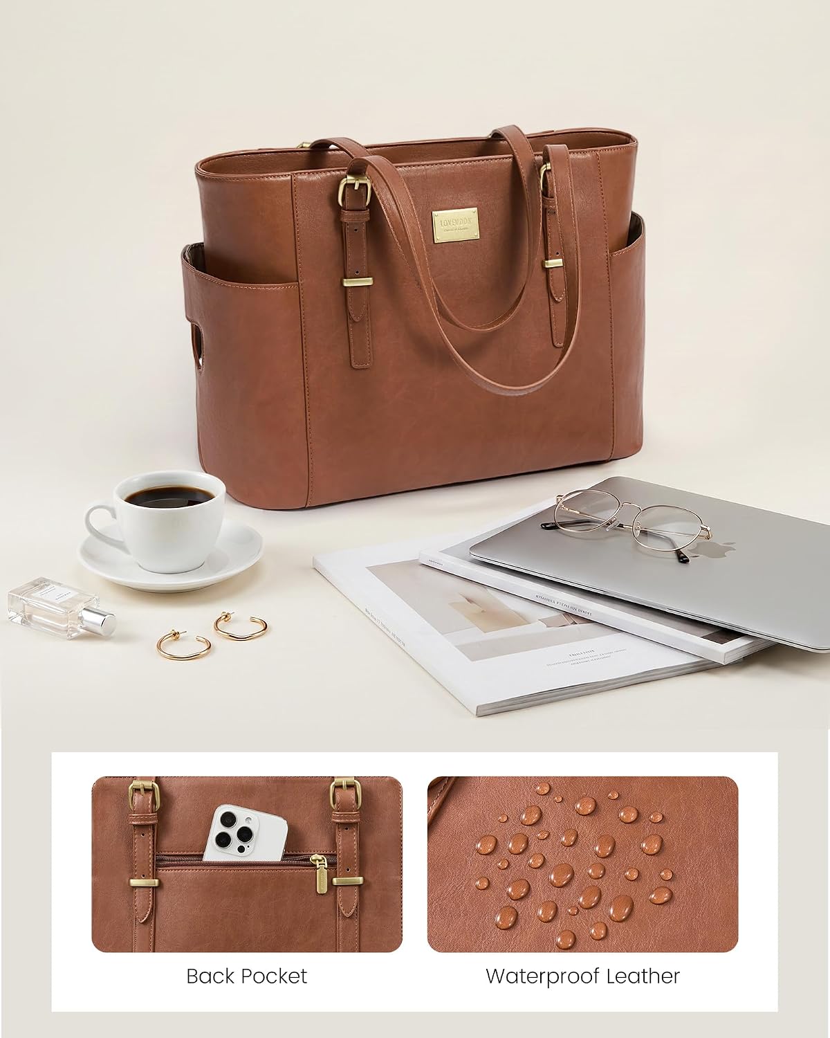 Vintage leather laptop tote bag in tan with water bottle pocket, front view — back