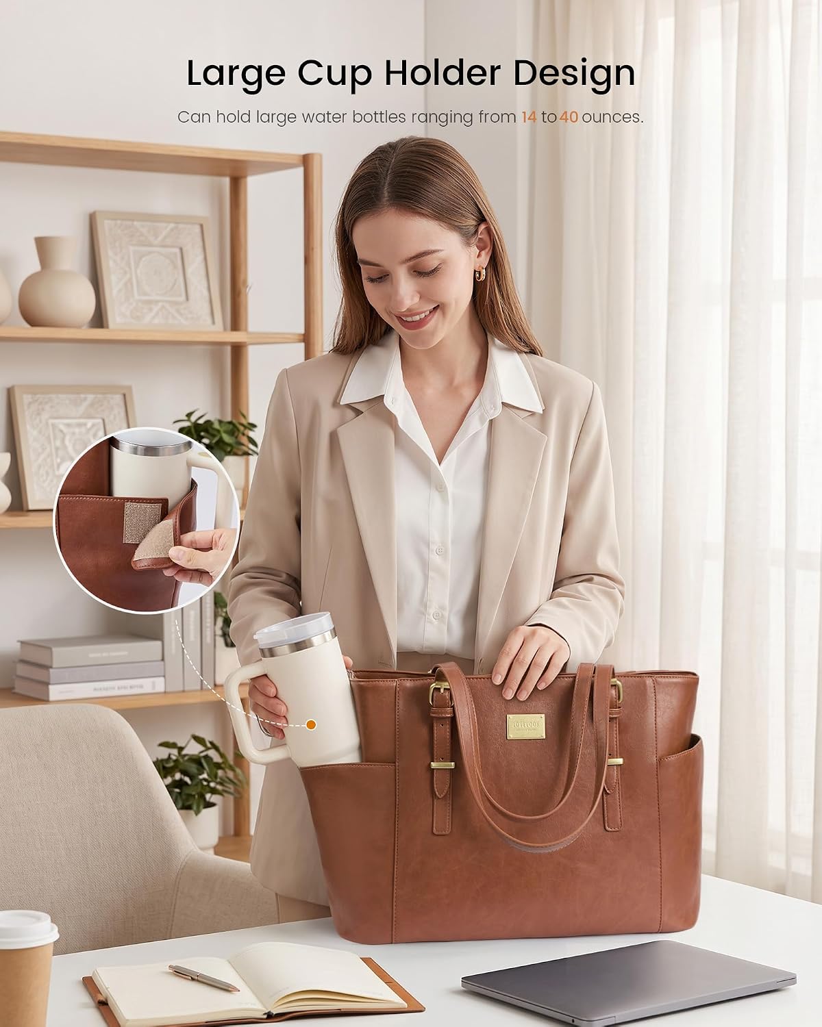 Vintage leather laptop tote bag in tan with water bottle pocket, front view — view 5a
