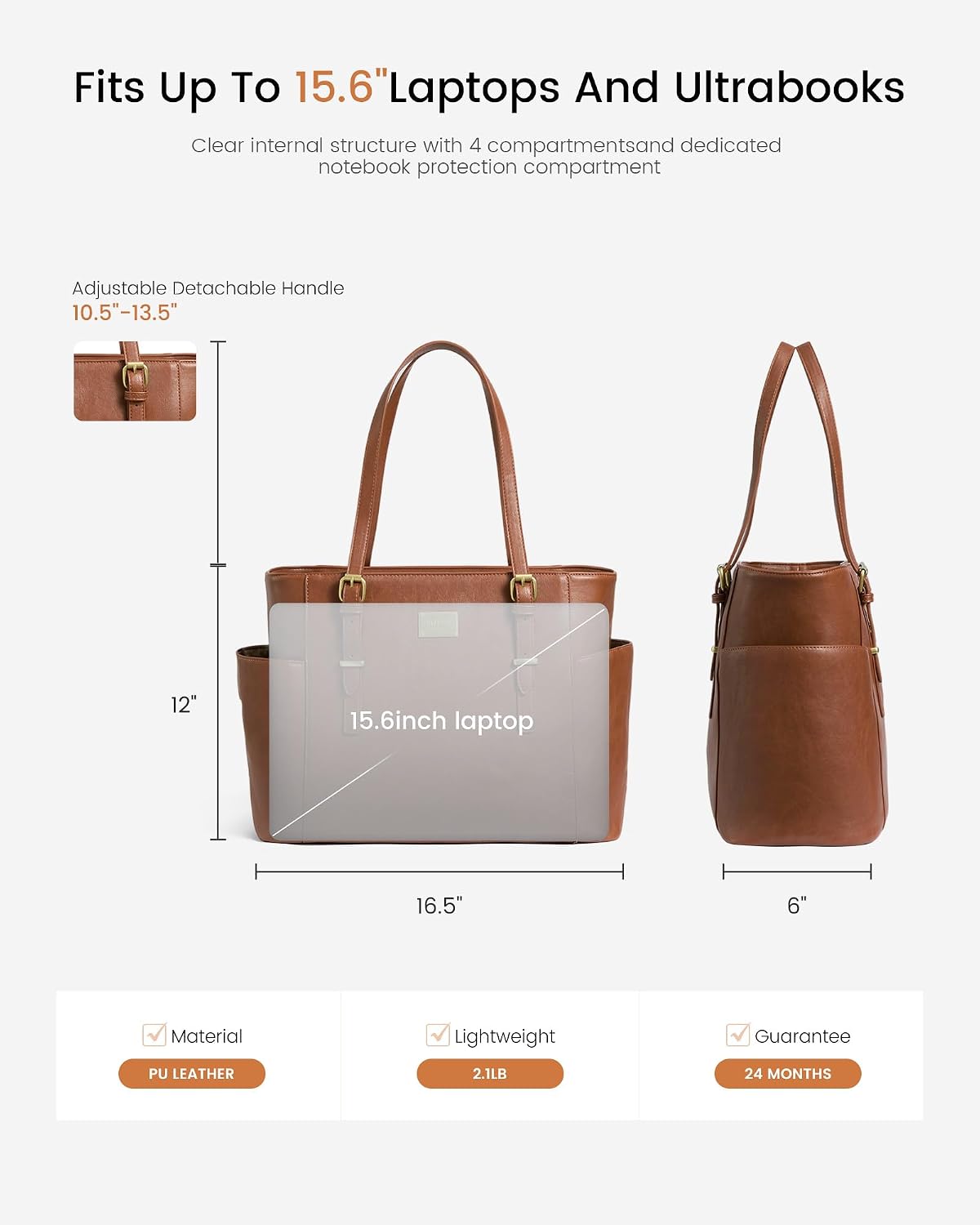 Vintage leather laptop tote bag in tan with water bottle pocket, front view — view 7b