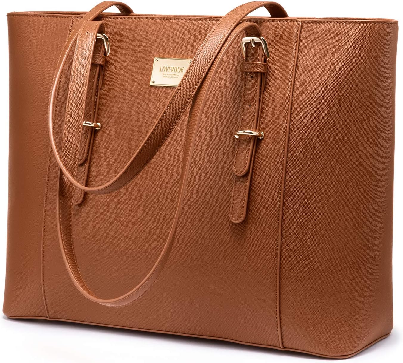 Vintage leather laptop tote bag in tan with water bottle pocket, front view — view 5b