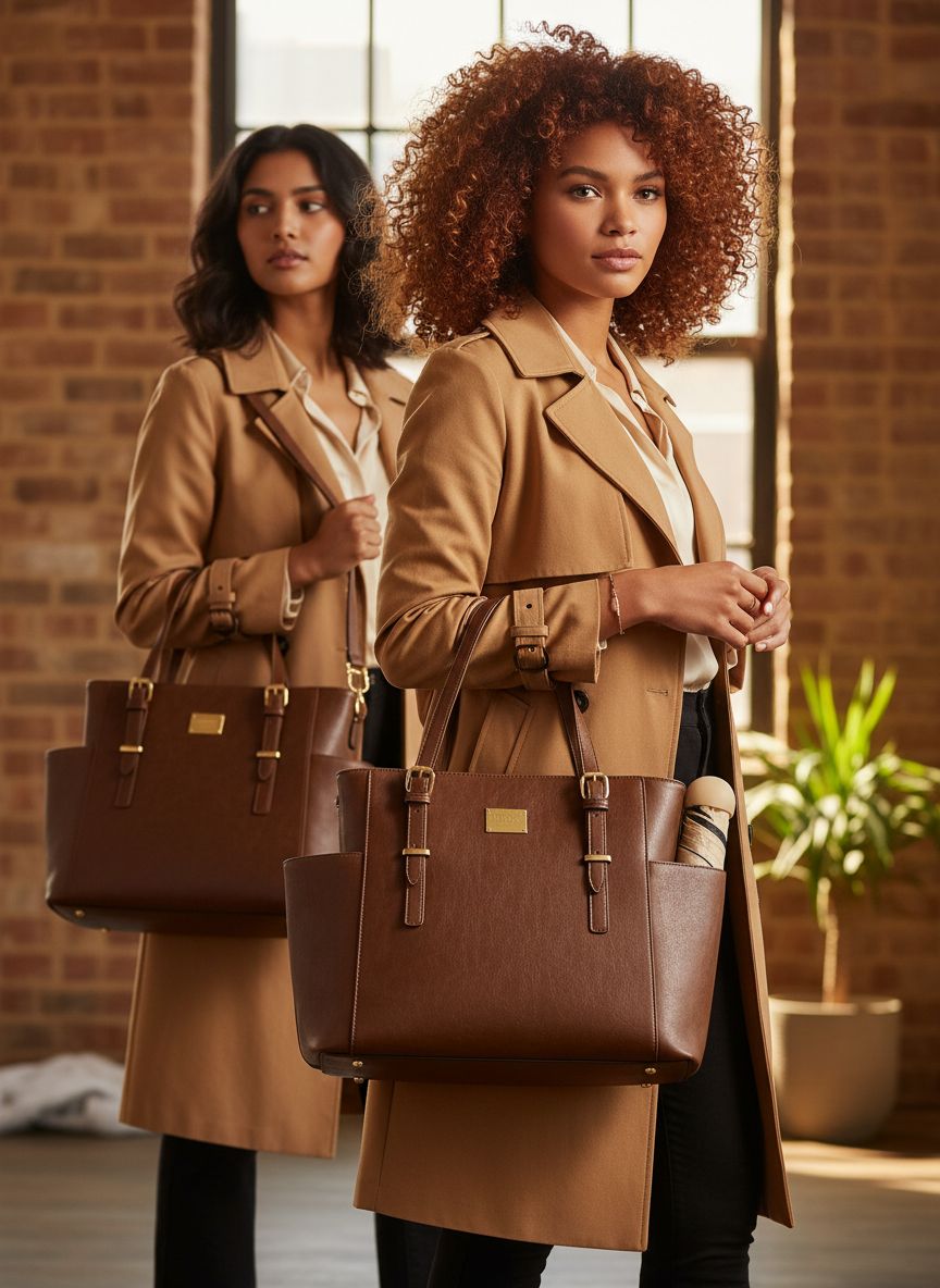 Vintage leather laptop tote bag in tan with water bottle pocket, front view — view 7a