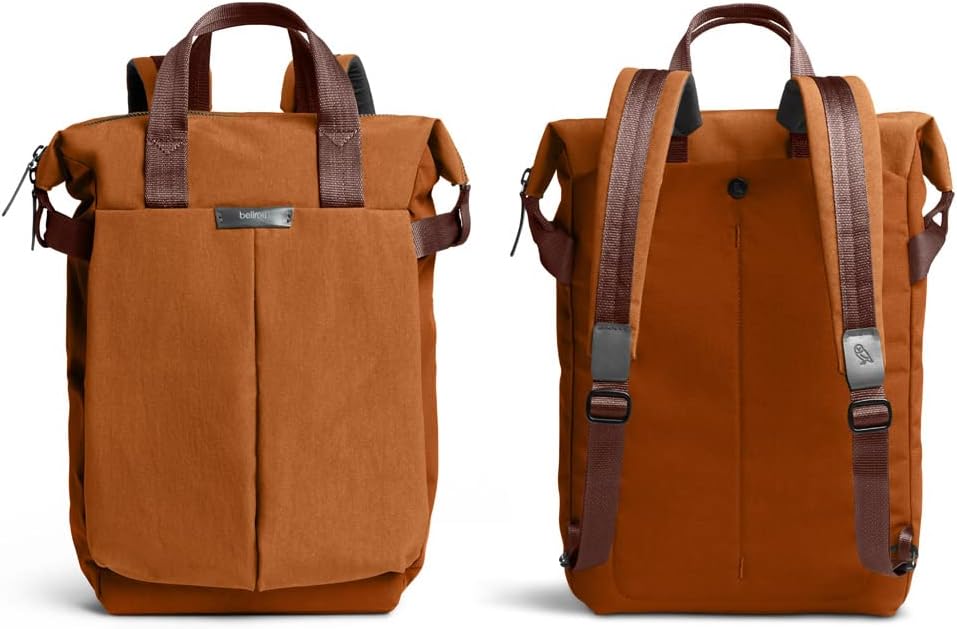 Water-resistant woven convertible backpack tote in neutral, shown as backpack and tote configuration โ view 2
