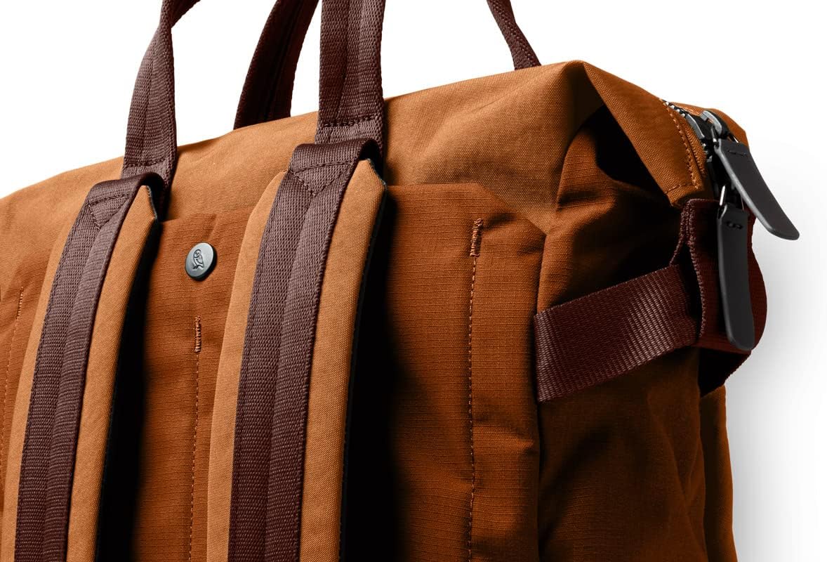 Water-resistant woven convertible backpack tote in neutral, shown as backpack and tote configuration โ view 5