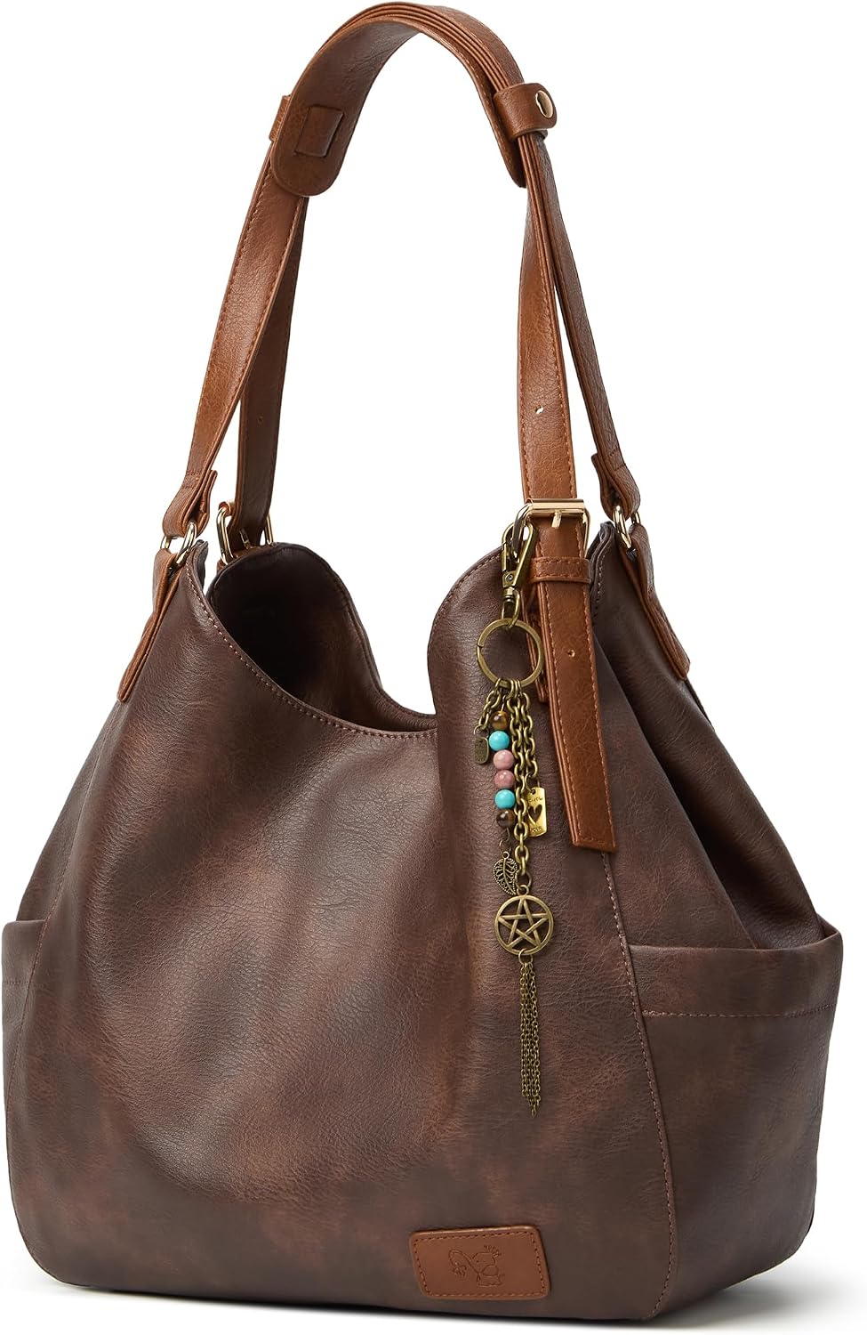 Canvas hobo tote bag in warm multi with ethnic embroidery and multi-pocket design — view 1
