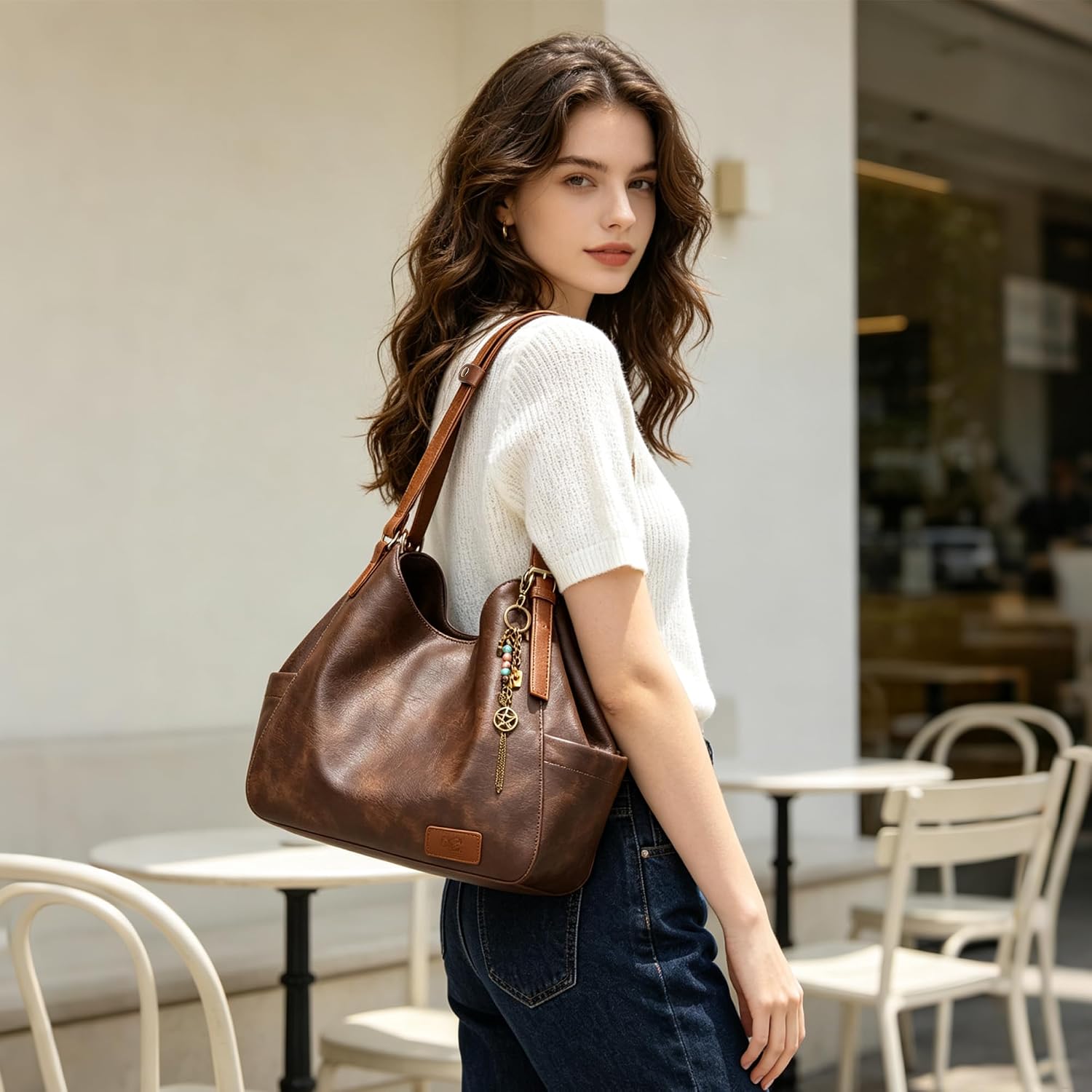 Canvas hobo tote bag in warm multi with ethnic embroidery and multi-pocket design — view 2
