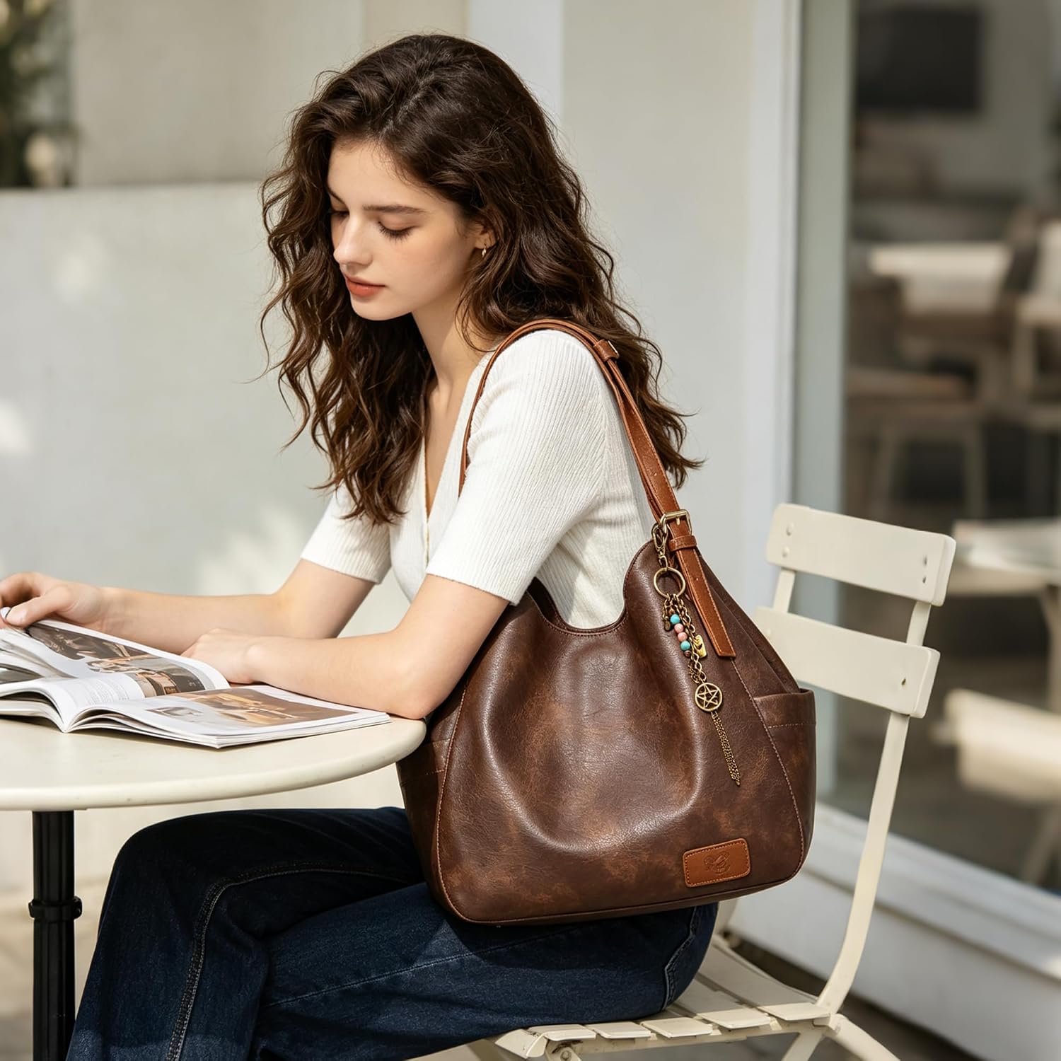 Canvas hobo tote bag in warm multi with ethnic embroidery and multi-pocket design — view 3