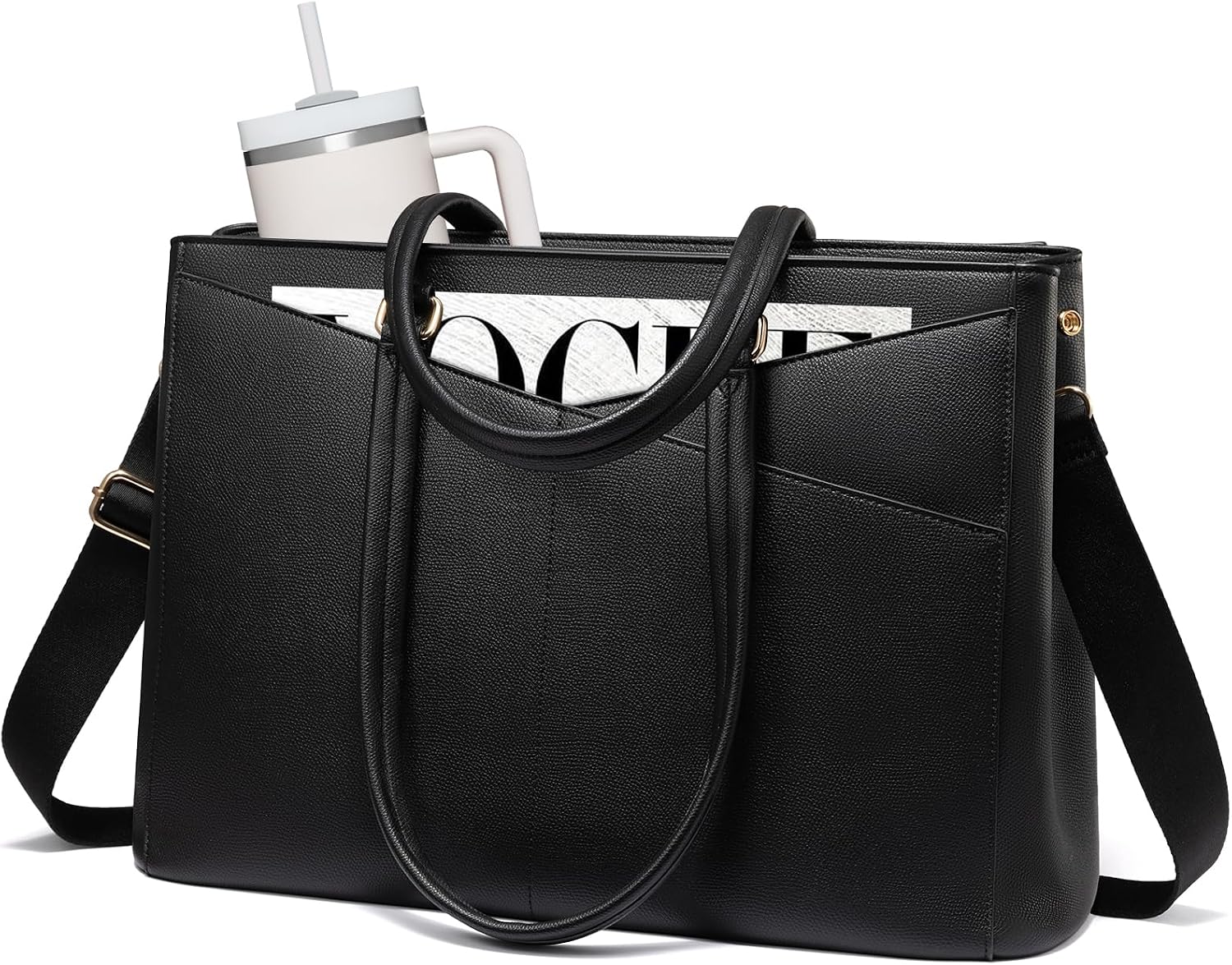 Waterproof leather laptop tote bag in neutral color, shown with 15.6 inch laptop compartment โ view 1