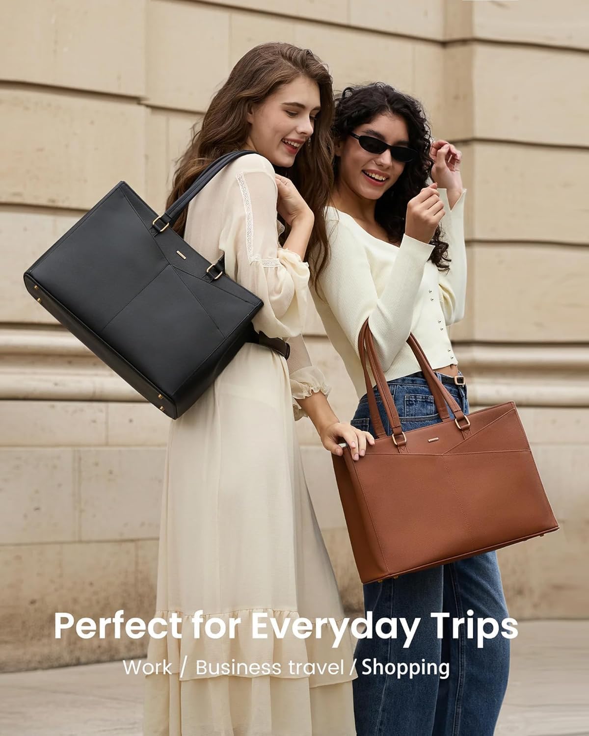 Waterproof leather laptop tote bag in neutral color, shown with 15.6 inch laptop compartment โ view 2
