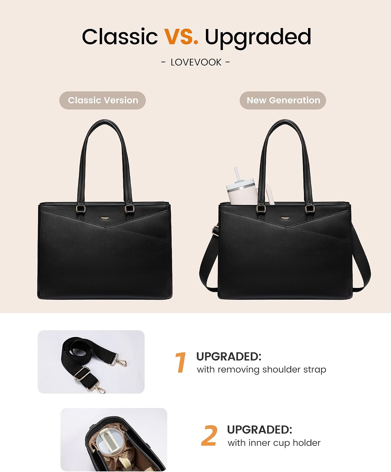 Waterproof leather laptop tote bag in neutral color, shown with 15.6 inch laptop compartment โ view 4