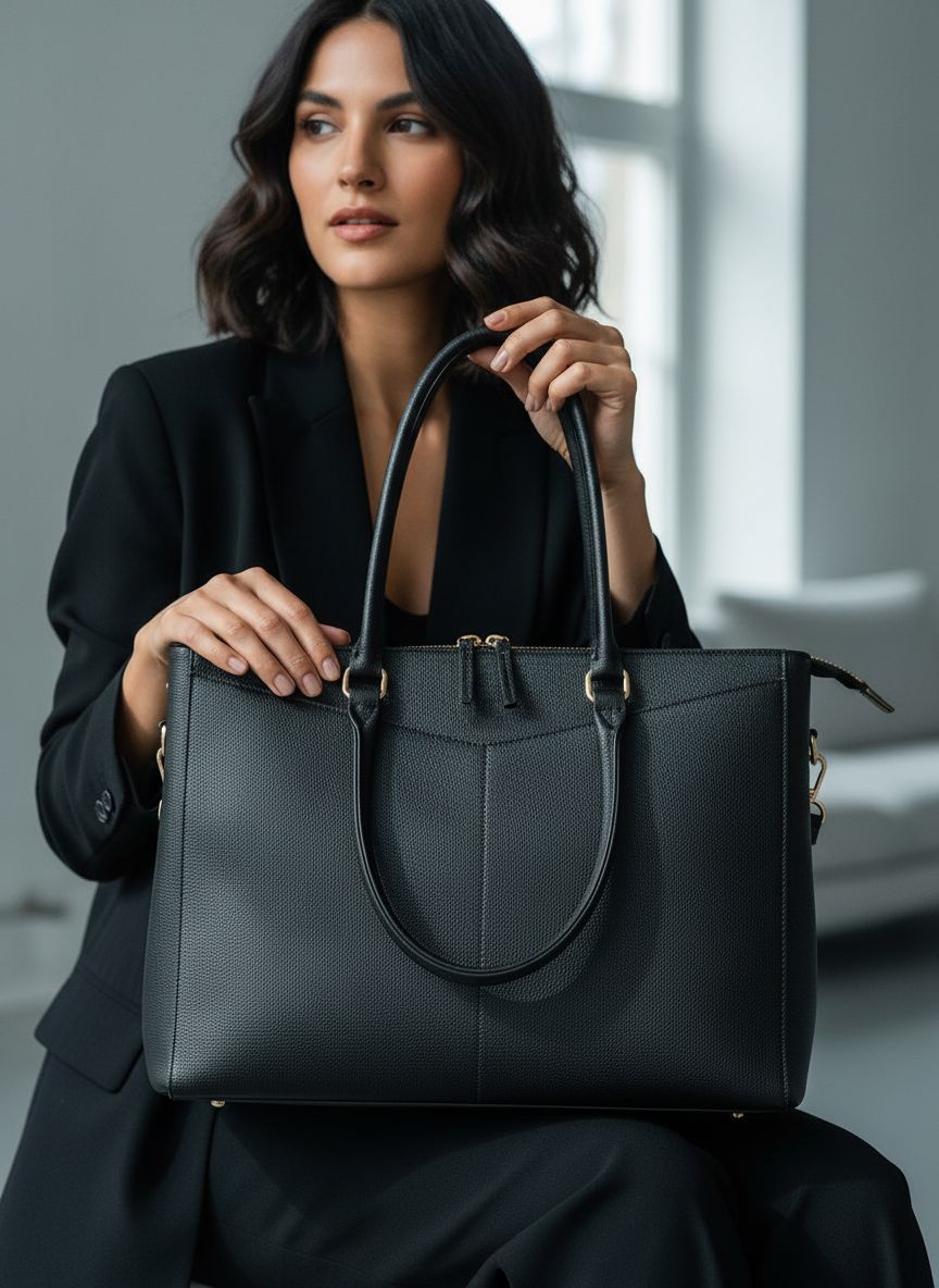 Waterproof leather laptop tote bag in neutral color, shown with 15.6 inch laptop compartment — view 3b