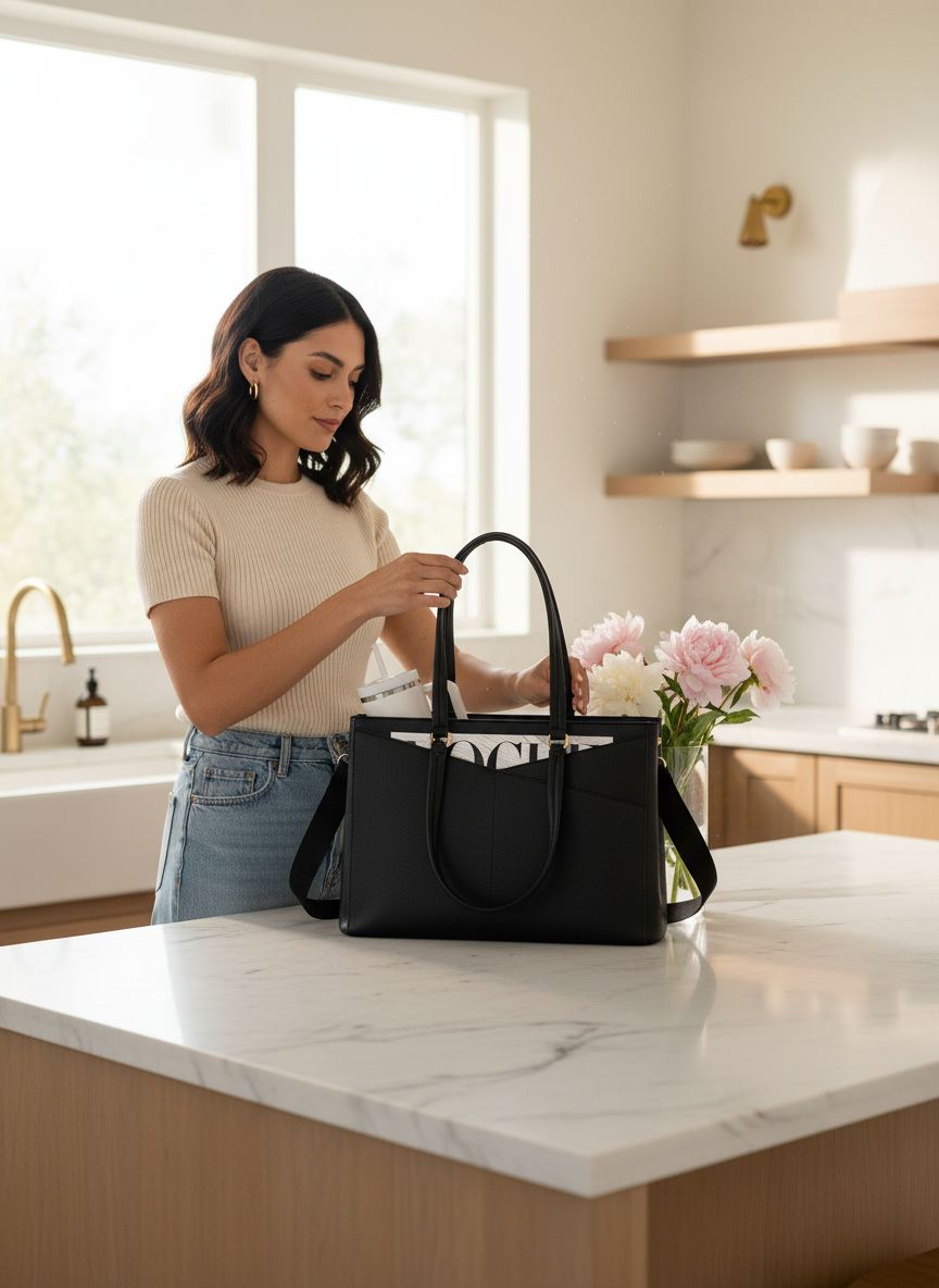 Waterproof leather laptop tote bag in neutral color, shown with 15.6 inch laptop compartment — view 4