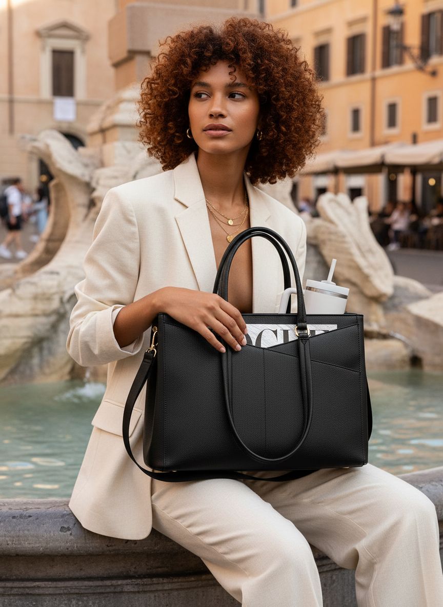 Waterproof leather laptop tote bag in neutral color, shown with 15.6 inch laptop compartment — view 5b
