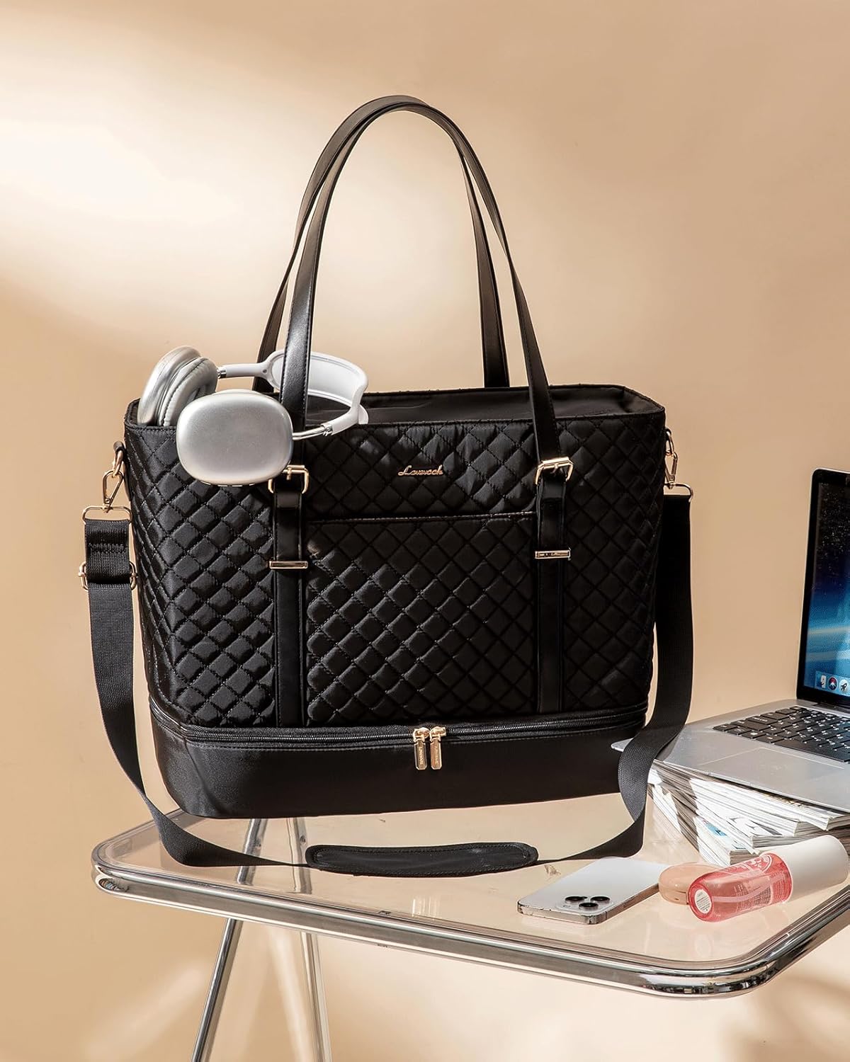 Nylon minimalist laptop tote in neutral color, front view — back