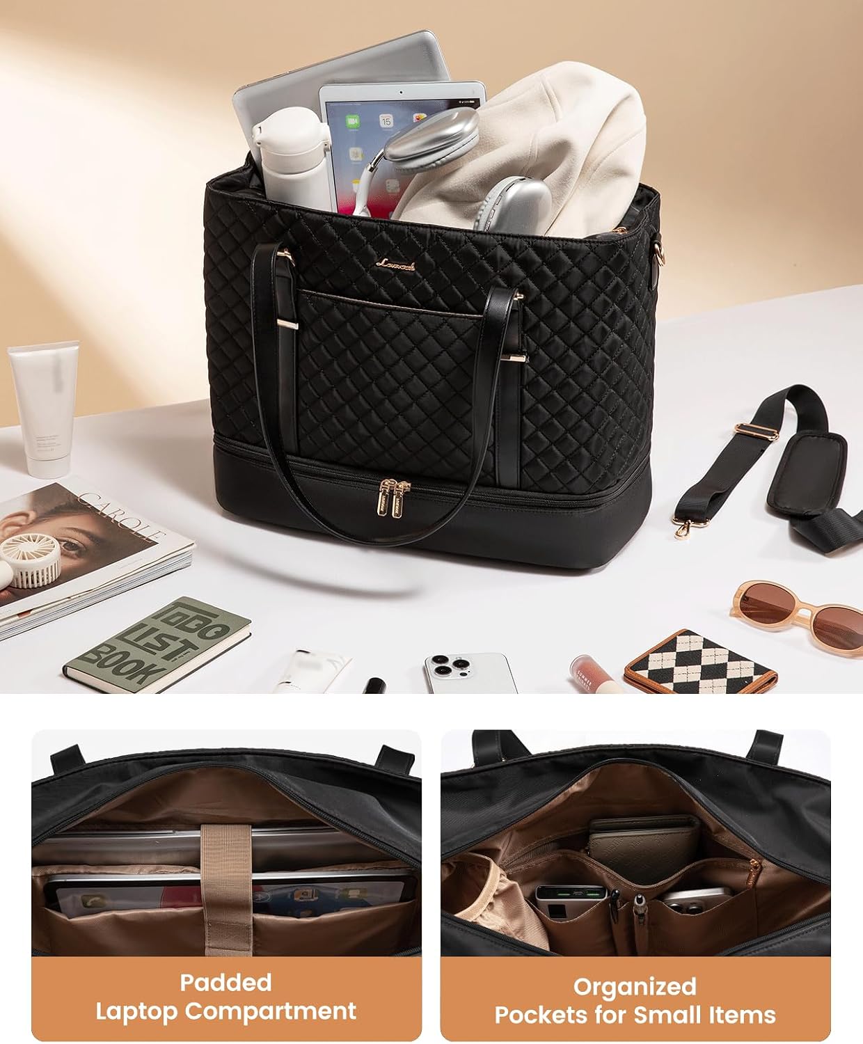 Nylon minimalist laptop tote in neutral color, front view — view 5