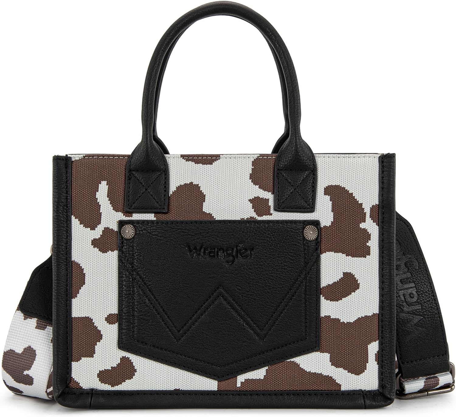 Cow print vegan leather western tote bag with fringe detail in warm multi tones — view 4
