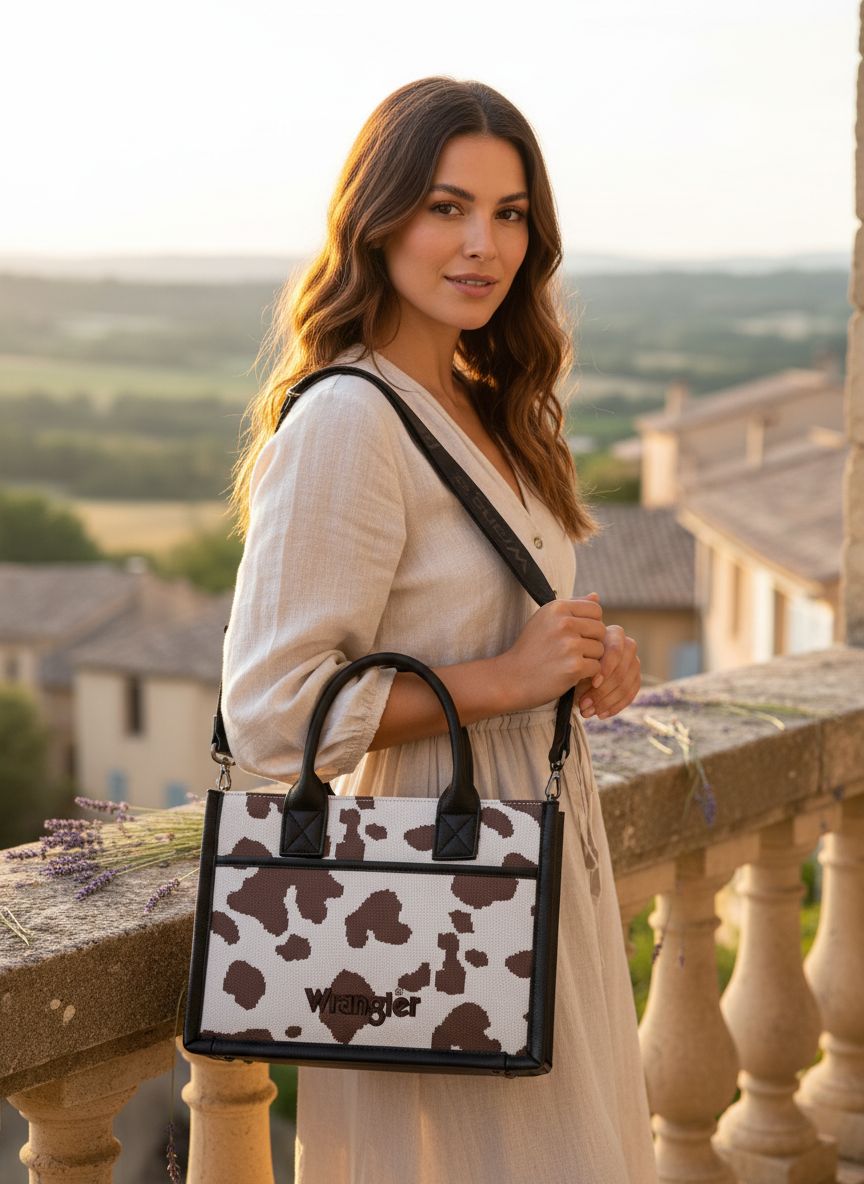 Cow print vegan leather western tote bag with fringe detail in warm multi tones — view 1