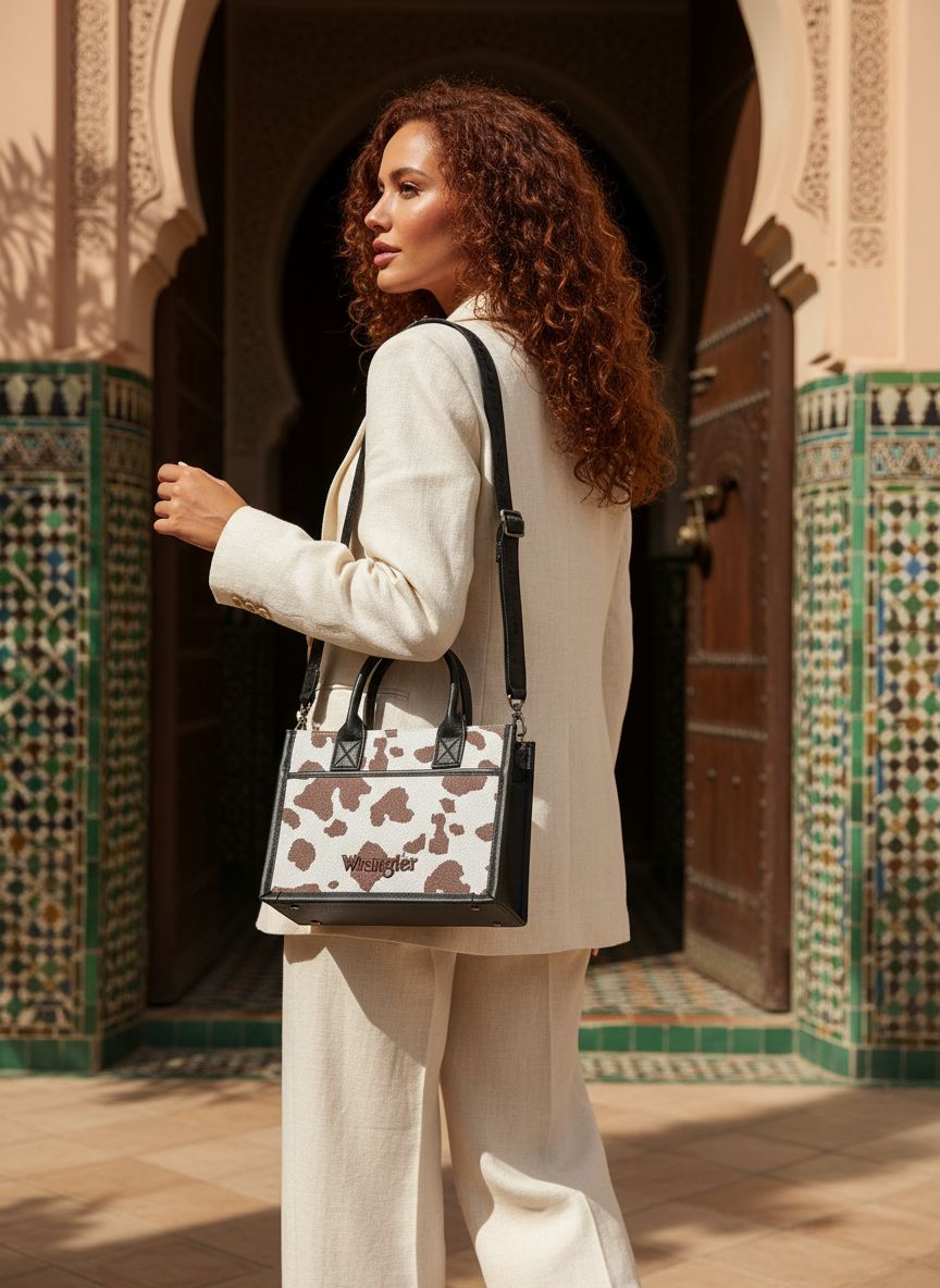 Cow print vegan leather western tote bag with fringe detail in warm multi tones — view 2