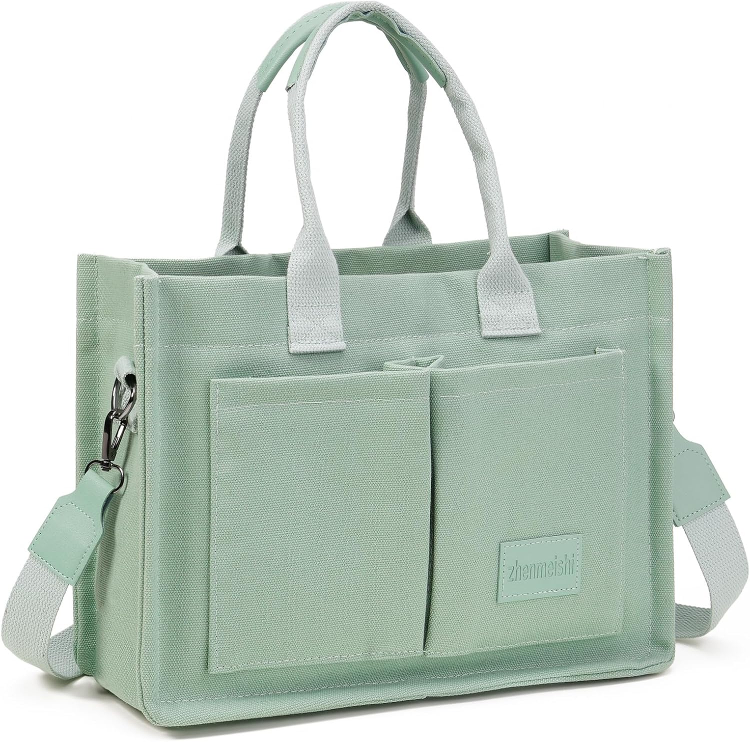 Canvas tote bag in neutral tone with multiple compartments and shoulder straps โ view 1