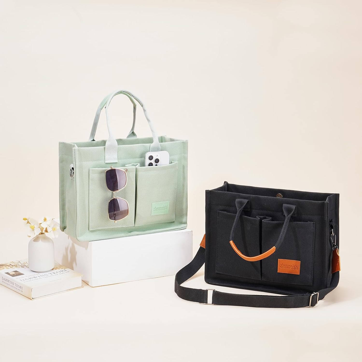 Canvas tote bag in neutral tone with multiple compartments and shoulder straps โ view 2
