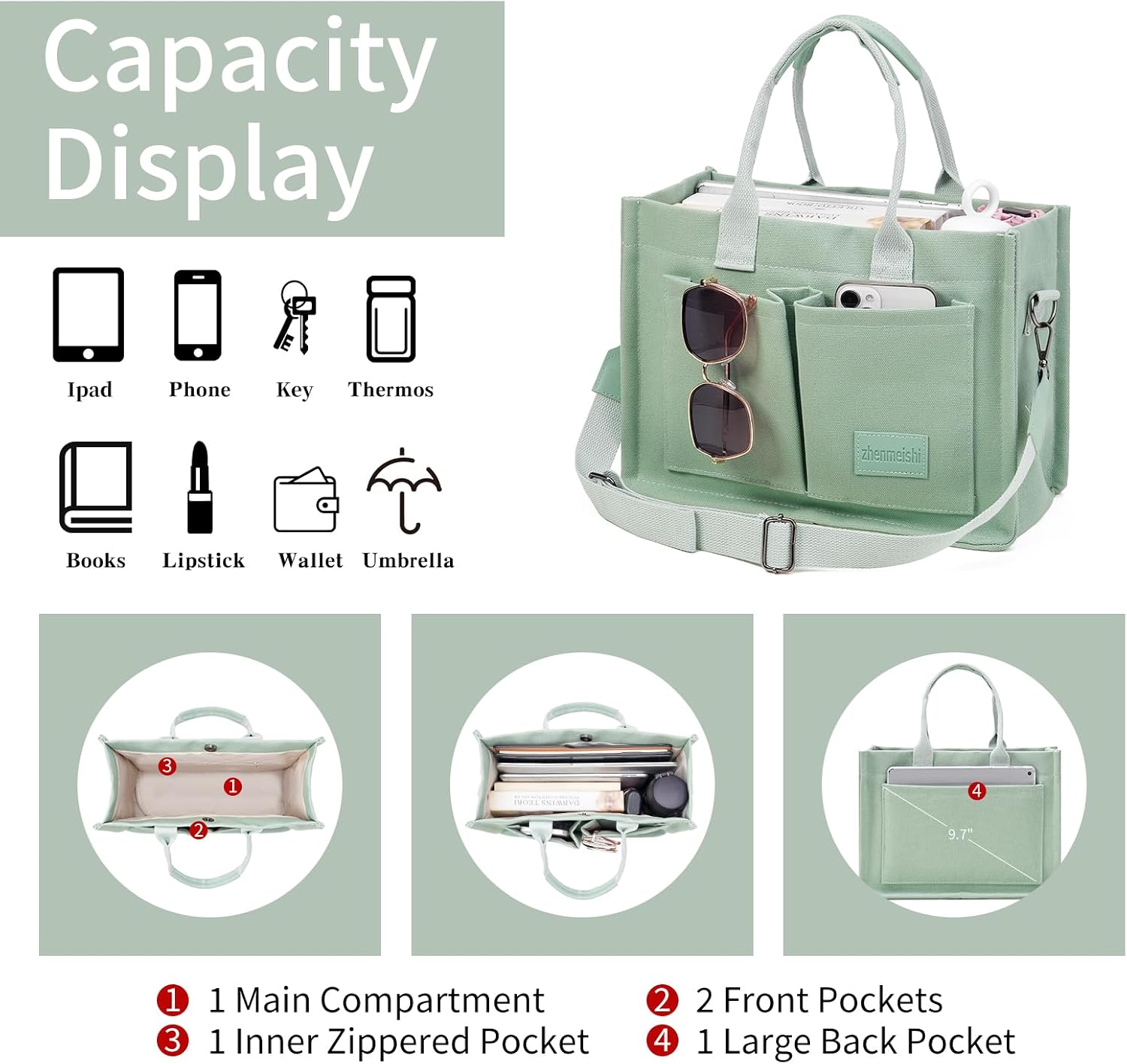 Canvas tote bag in neutral tone with multiple compartments and shoulder straps โ view 3