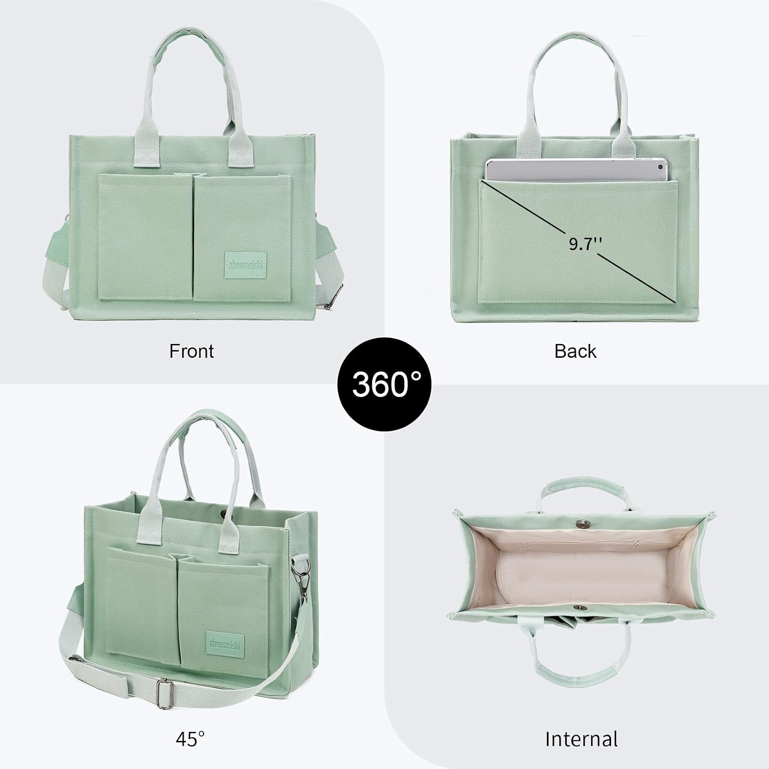 Canvas tote bag in neutral tone with multiple compartments and shoulder straps โ view 5