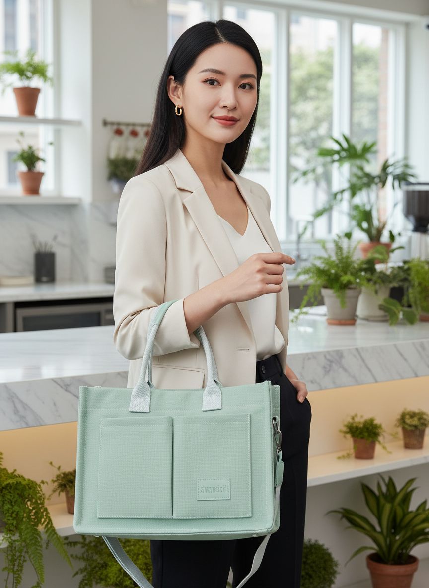 Canvas tote bag in neutral tone with multiple compartments and shoulder straps โ view 1