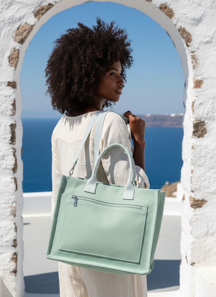 Canvas tote bag in neutral tone with multiple compartments and shoulder straps โ view 2