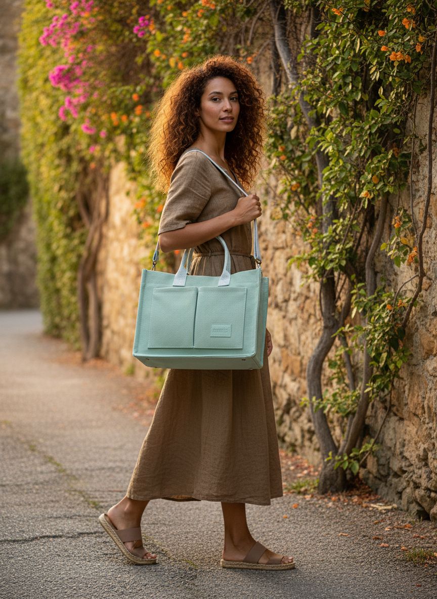 Canvas tote bag in neutral tone with multiple compartments and shoulder straps โ view 3a