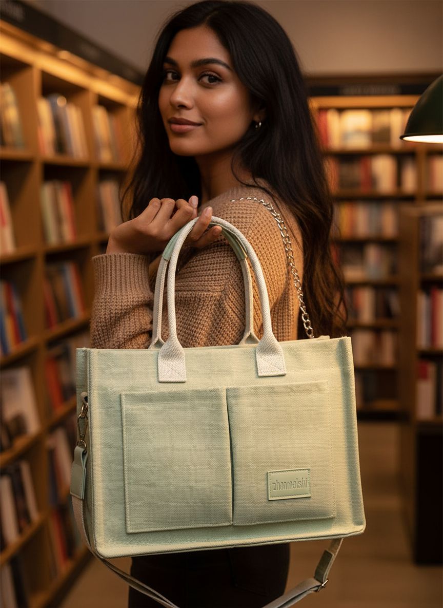 Canvas tote bag in neutral tone with multiple compartments and shoulder straps โ view 3b